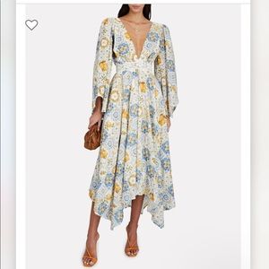 AZULU Tortugas Asymmetric Lemon  Print Midi Dress Small